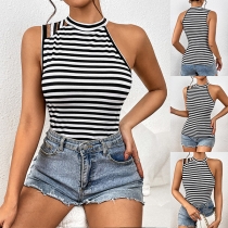Street Fashion Contrast Color Stripe Printed Asymmetrical Shoulder Sleeveless Shirt