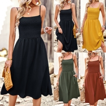 Casual Solid Color Smocked Side Pockets Slip Dress