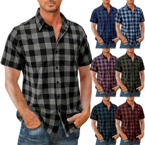 Casual Contrast Color Plaid Stand Collar Short Sleeve Shirt for Men