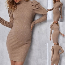 Sexy Solid Color Mock Neck Puff Long Sleeve Ribbed Bodycon Maternity Dress