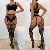 Sexy Mesh-net Two-piece Lingerie Set Consist of Crop Top and Garter Stockings