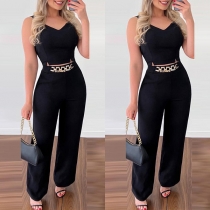 Fashion Two-piece Set Consist of a Crop Top and Wide-leg Pants with Chain