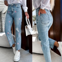 Street Fashion Old-washed Heart Print Distressed Denim Jeans