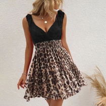 Fashion Contrast Color Leopard Printed V-neck Sleeveless Mini Dress