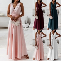 Elegant Solid Color V-neck Sleeveless Self-tie Maxi Dress