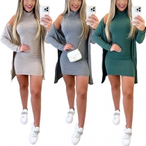 Fashion Two-piece Set Consist of Mock Neck Tank Dress and Long Sleeve Cardigan