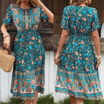 Fresh Style Floral Printed Round Neck Short Sleeve Dress