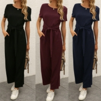 Casual Solid Color Round Neck Short Sleeve Self-tie Jumpsuit