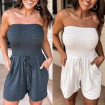 Fashion Sexy Strapless Smocked Self-tie Romper with Side Pockets