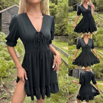 Casual V-neck Short Sleeve Buttoned Mini Dress