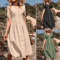 Fashion Solid Color  Buttoned V-neck Short Sleeve Midi Dress