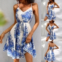 Fashion Blue Floral Printed V-neck Slip Dress