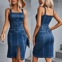 Fashion Old-washed Buttoned Slit Bodycon Denim Dress
