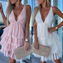 Fashion Solid Color V-neck Backless Tiered Party Dress