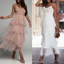 Elegant Lace Spliced Mesh Tiered Slip Dress