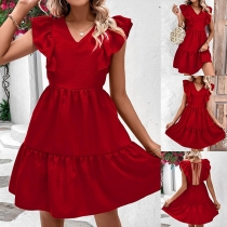 Fashion Ruffled Tiered Red Dress