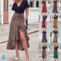 Fashion Contrast Color V-neck Short Sleeve Irregular Hemline Leopard Printed Dress