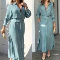 Elegant Solid Color Stand Collar Long Sleeve Slit Dress