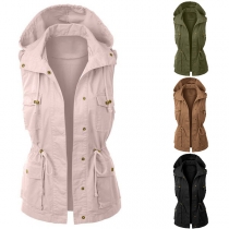 Fashion Solid Color Hooded Drawstring Patch Pockets Vest