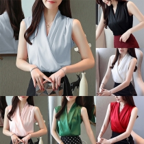 Fashion Solid Color V-neck Satin Sleeveless Shirt