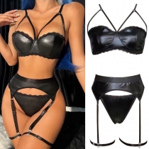 Sexy Artificial Leather PU Three-piece Lingerie Set