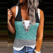 Fashion Contrast Color Faux-layered Buttoned V-neck Sleeveless Shirt