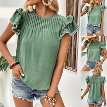 Casual Solid Color Round Neck Ruffled Short Sleeve Shirt