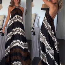 Sexy Wave Printed Backless Halter Beach Dress