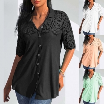 Casual Lace Spliced Short Sleeve Stand Collar Button Shirt