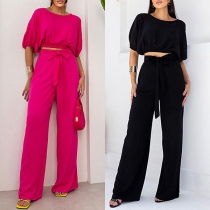 Casual Solid Color Two-piece Set Consist of Crop Top and Self-tie Wide-leg Pants