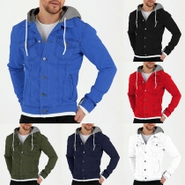 Casual Multi-pockets Long Sleeve Buttoned Drawstring Hooded Jacket for Men