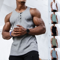 Casual Solid Color Buttoned Round Neck Sleeveless Shirt for Men