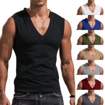 Casual Solid Color Buttoned V-neck Sleeveless Shirt for Men