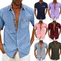Casual Contrast Color Stand Collar Short Sleeve Patch Pockets Shirt for Men