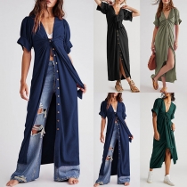 Casual Solid Color  Self-tie V-neck Short Sleeve Buttoned Slit Beach Dress