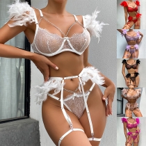 Fashion Feather Spliced Chain Lace Three-piece Lingerie Set