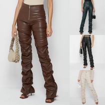 Fashion Artifical Leather PU Skinny Flared Pants with Zipper and Creased Design