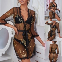 Sexy Floral Printed Lace Spliced Semi-through Loungewear Robe