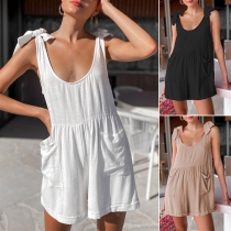 Casual Solid Color Self-tie Patch Pockets Loose Romper