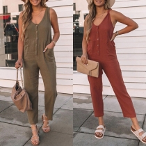 Casual Solid Color Buttoned V-neck Sleeveless Patch Pockets Jumpsuit