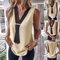 Casual Contrast Color V-neck Sleeveless Shirt