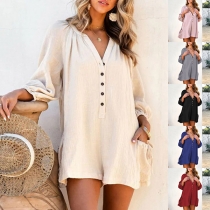 Casual Solid Color Front Buttoned Long Sleeve Romper