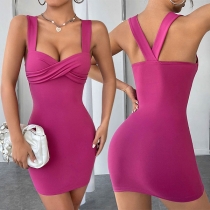 Sexy Solid Color Cross-cross Ruched Backless Bodycon Slip Dress
