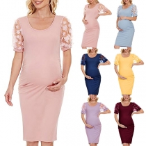 Fashion Lace Spliced Short Sleeve Round Neck Maternity Dress