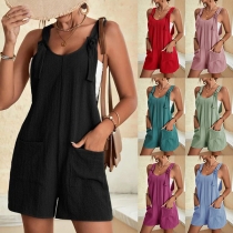 Fashion Solid Color Self-tie Patch Pockets Romper