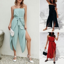 Sexy Solid Color Strapless Self-tie Slit Jumpsuit