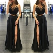 Sexy Two-piece Set Consist of Semi-through Gauze Spliced Cami Top and Slit Maxi Skirt