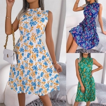 Fashion Floral Printed Pleated Dress