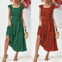 Fashion Solid Color Square Neck Ruffled Self-tie Tiered Dress