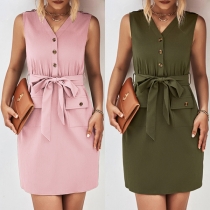 Elegant Solid Color V-neck Buttoned Sleeveless Self-tie Bodycon Dress